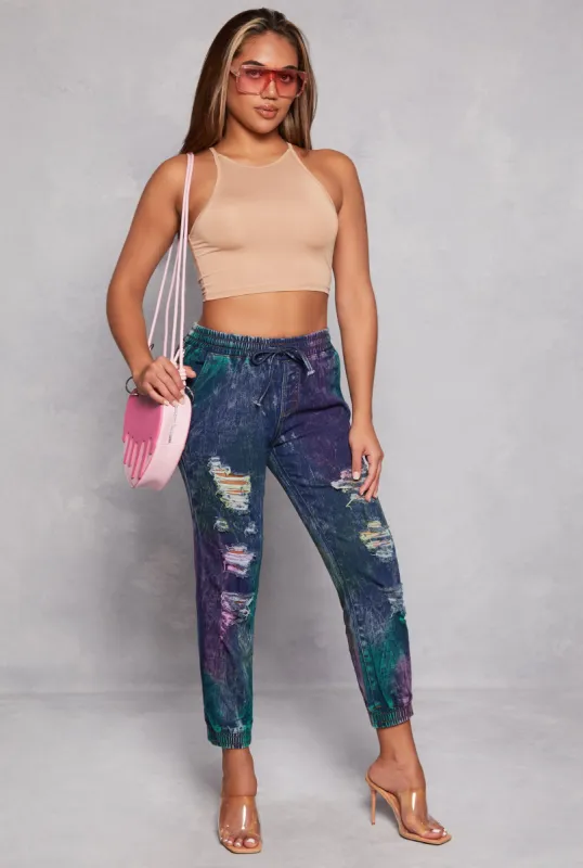 Denim Drawstring Distressed Joggers sold by Rainbow