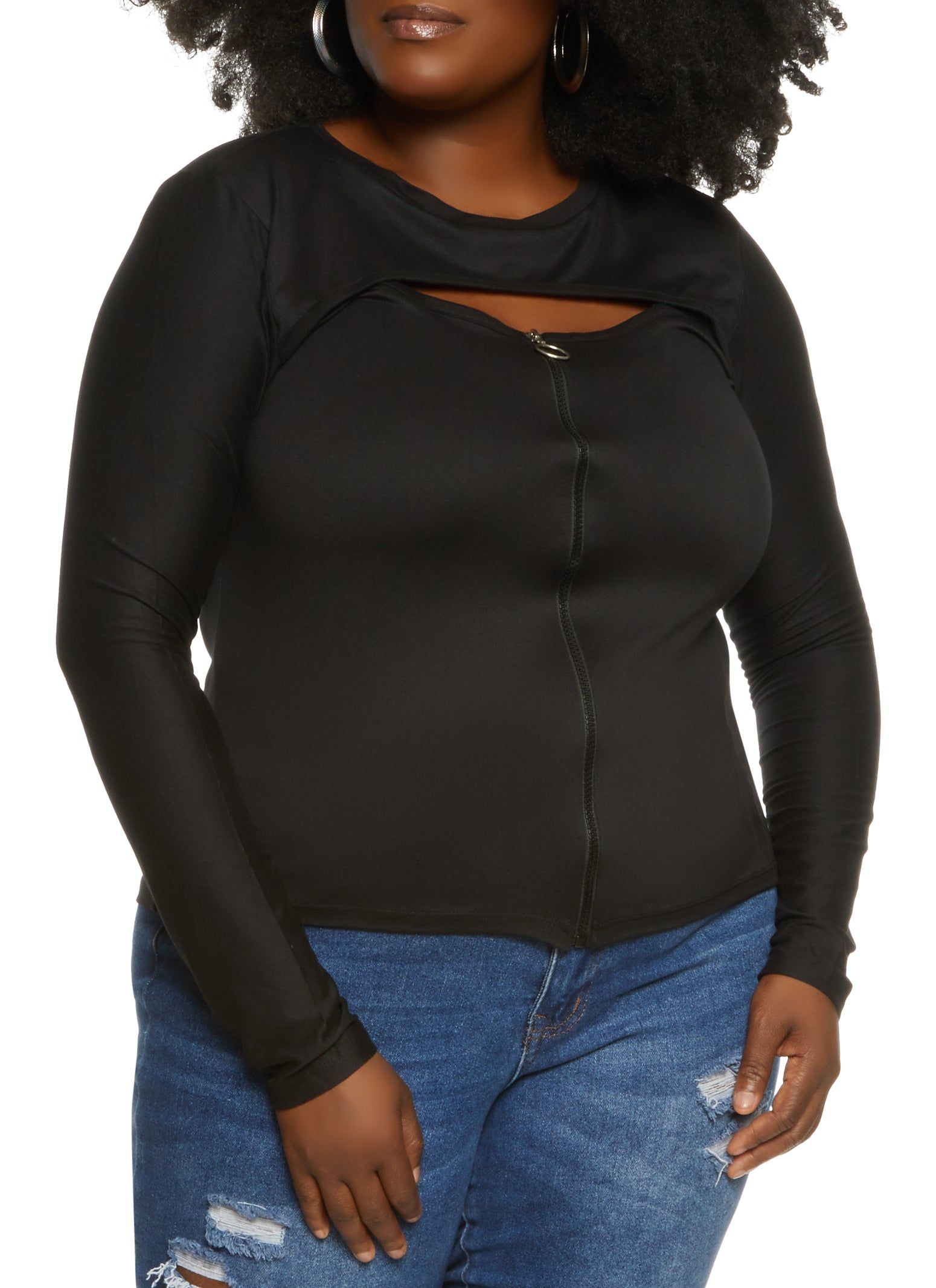 Plus Size Long Sleeve Keyhole Zip Front Top sold by Rainbow