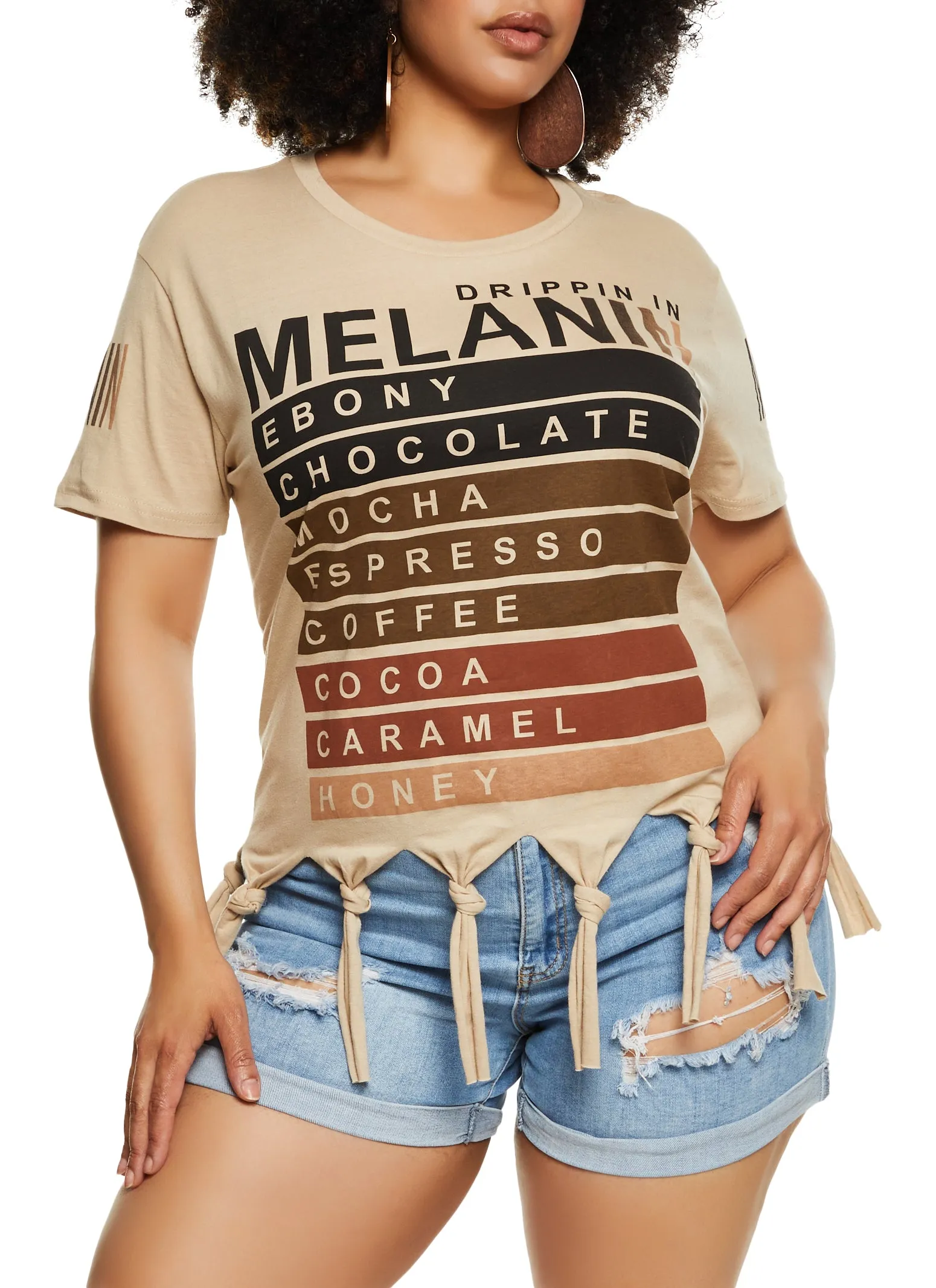 Plus Size Knotted Fringe Drippin In Melanin Graphic Tee sold by Rainbow