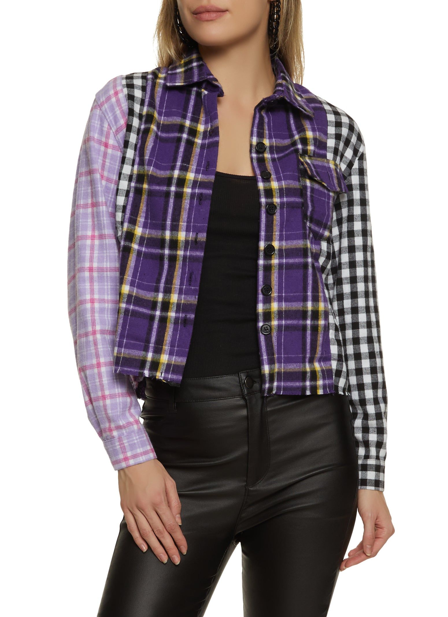 Patchwork Plaid Button Front Shirt sold by Rainbow