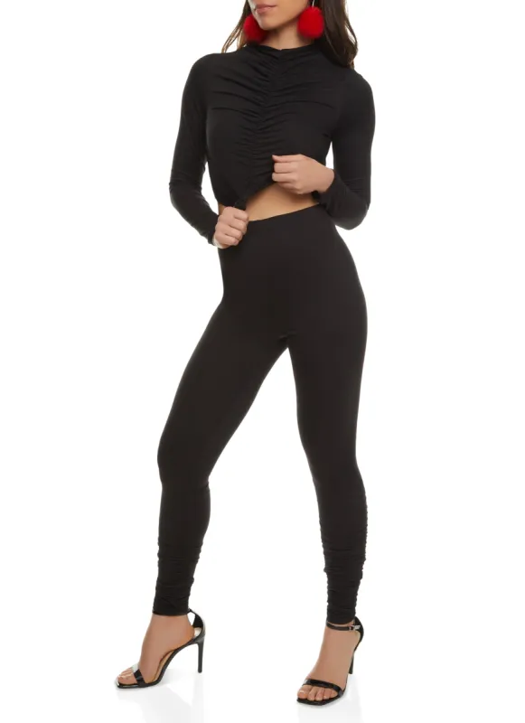 Long Sleeve Ruched Crop Top and Stacked Leggings Set sold by Rainbow