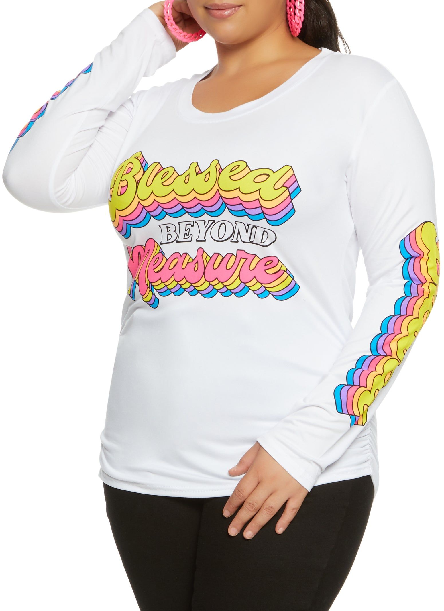 Plus Size Blessed Beyond Measure Ruched Graphic Tee sold by Rainbow