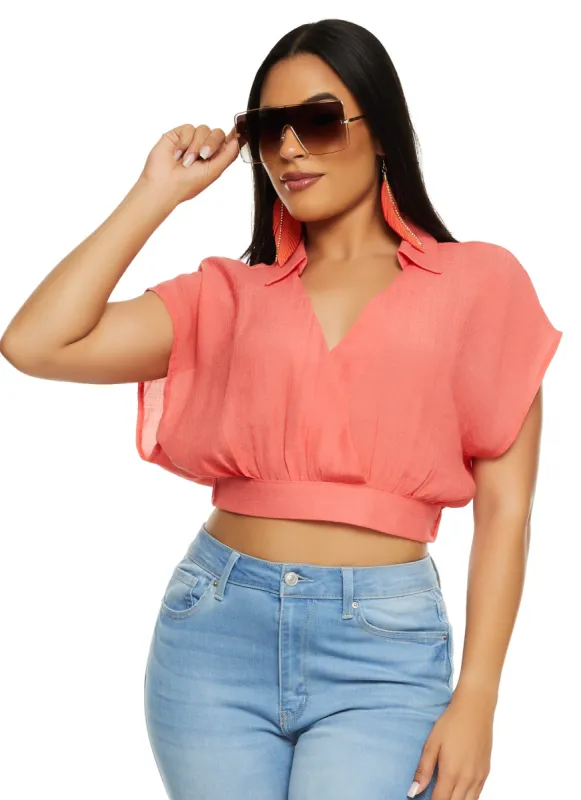 Guaze Knit Cropped Faux Wrap Top sold by Rainbow