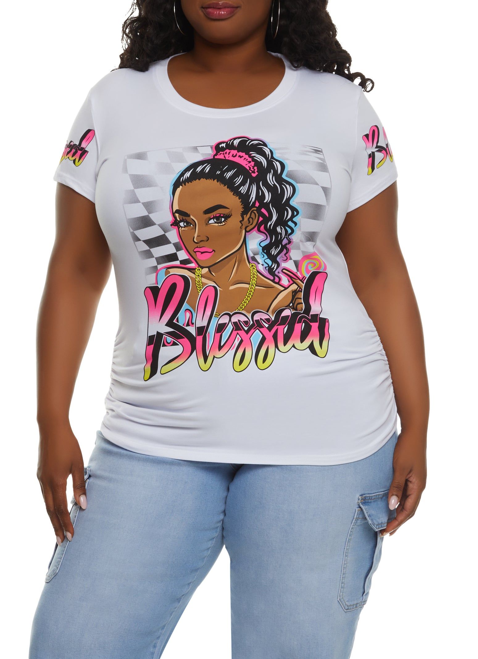 Plus Size Blessed Checkered Graphic Tee sold by Rainbow