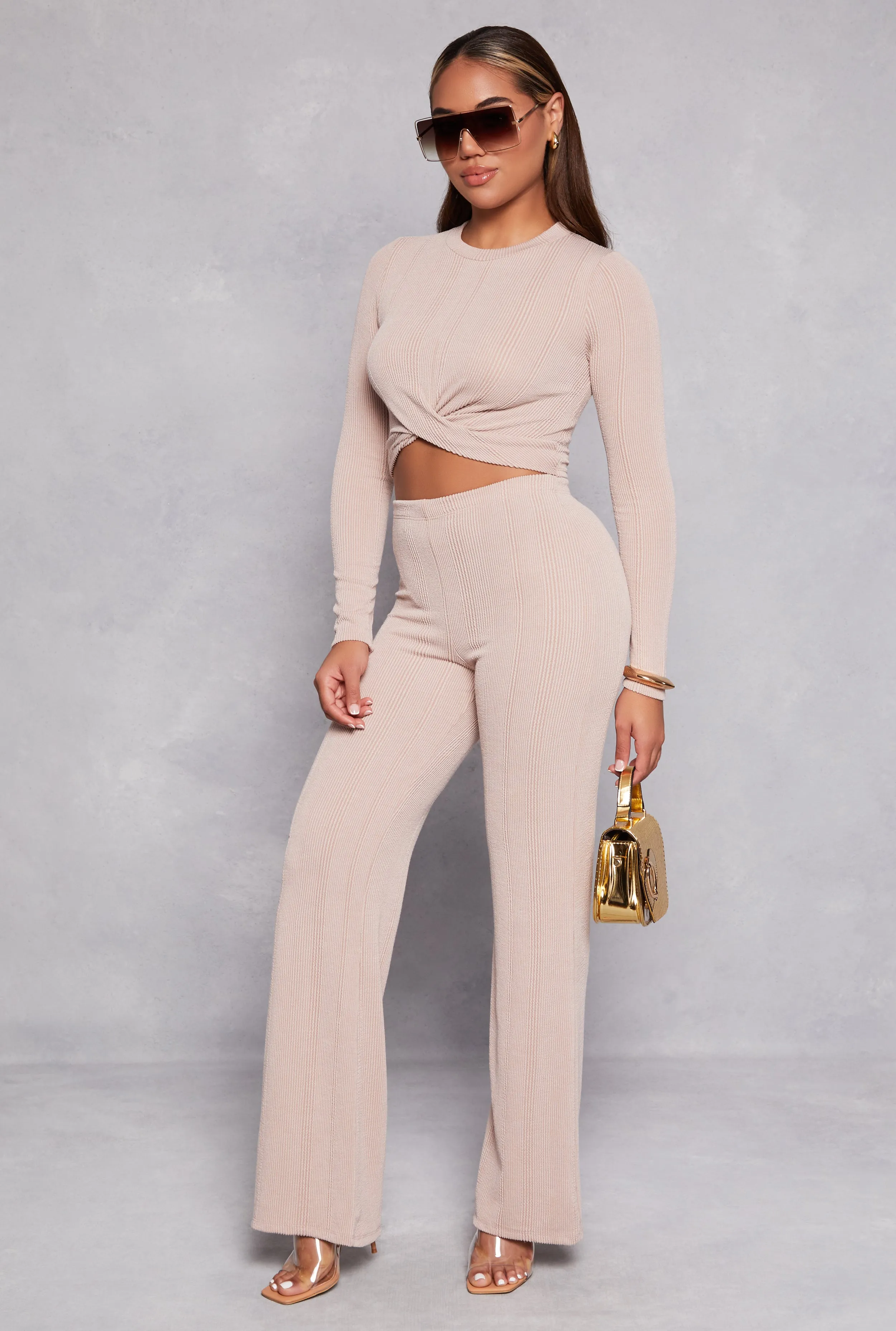 Ribbed Knit Twist Front Long Sleeve Crop Top sold by Rainbow product image thumbnail 2