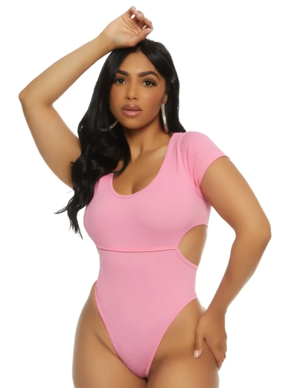 Ribbed Knit Short Sleeve Side Cut Out Bodysuit sold by Rainbow