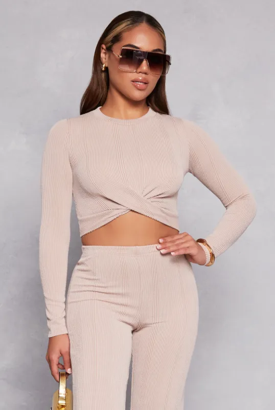 Ribbed Knit Twist Front Long Sleeve Crop Top sold by Rainbow