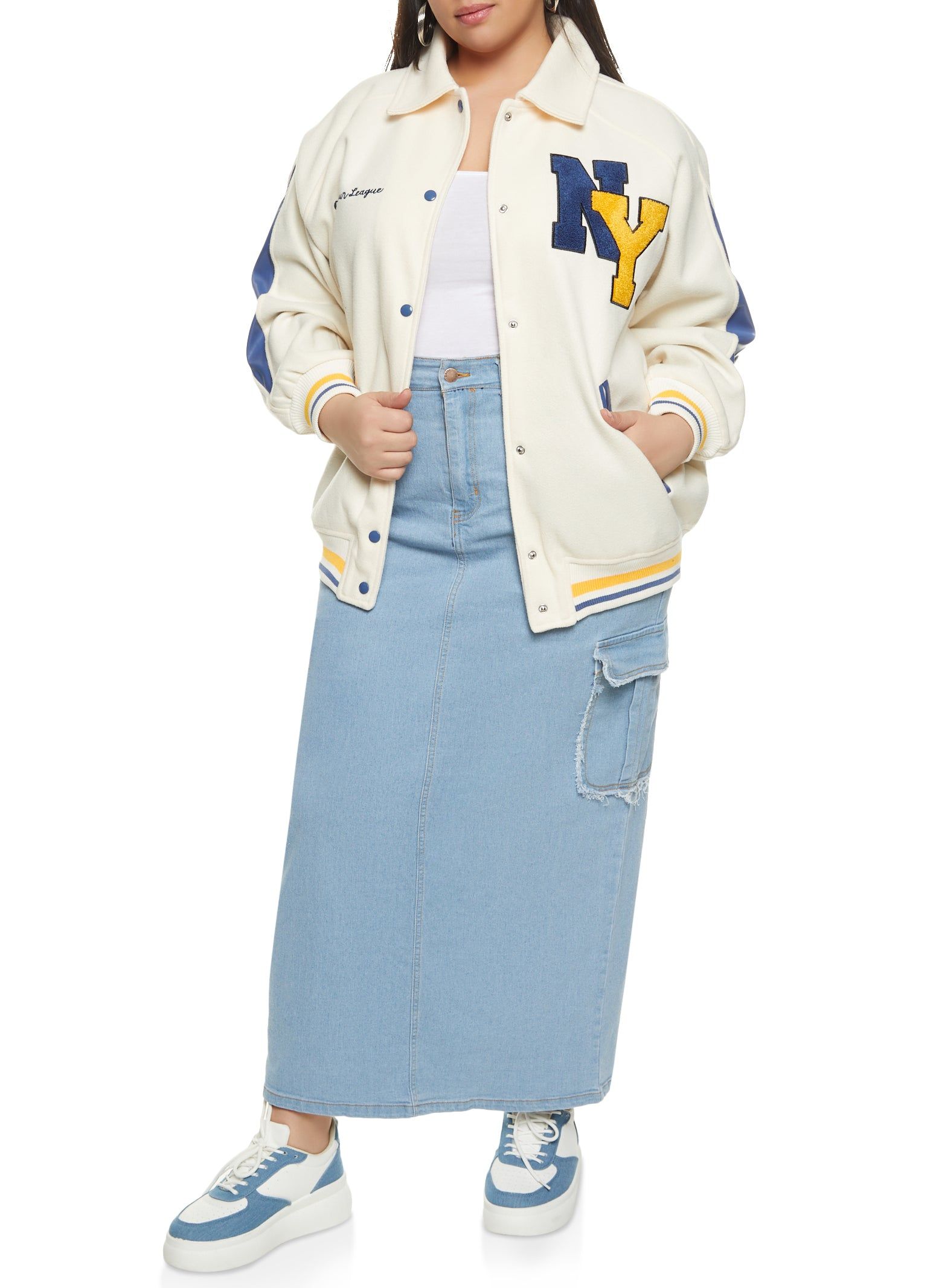 Plus Size Denim Frayed Trim Cargo Pocket Maxi Skirt sold by Rainbow product image thumbnail 2