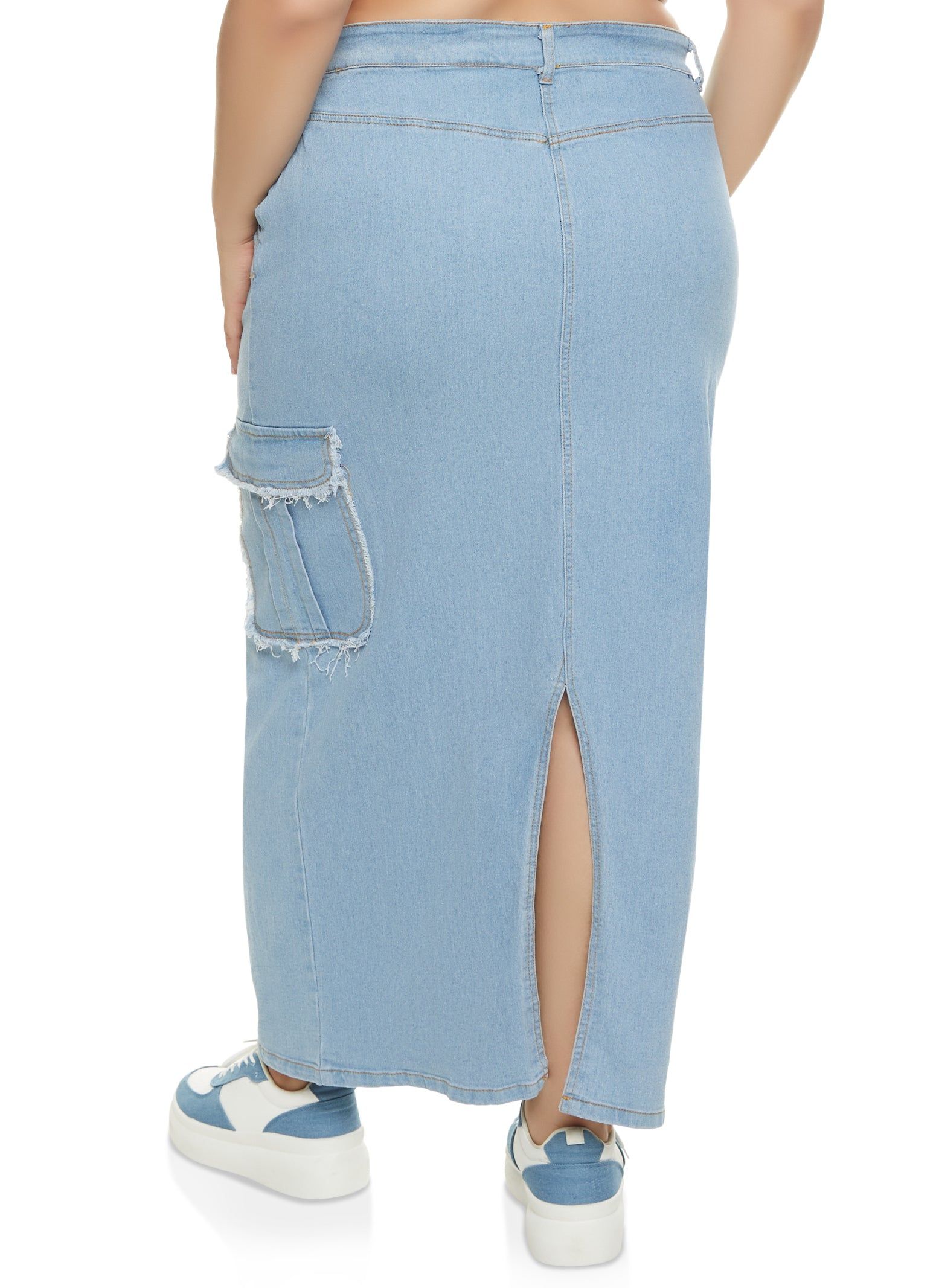 Plus Size Denim Frayed Trim Cargo Pocket Maxi Skirt sold by Rainbow product image thumbnail 3