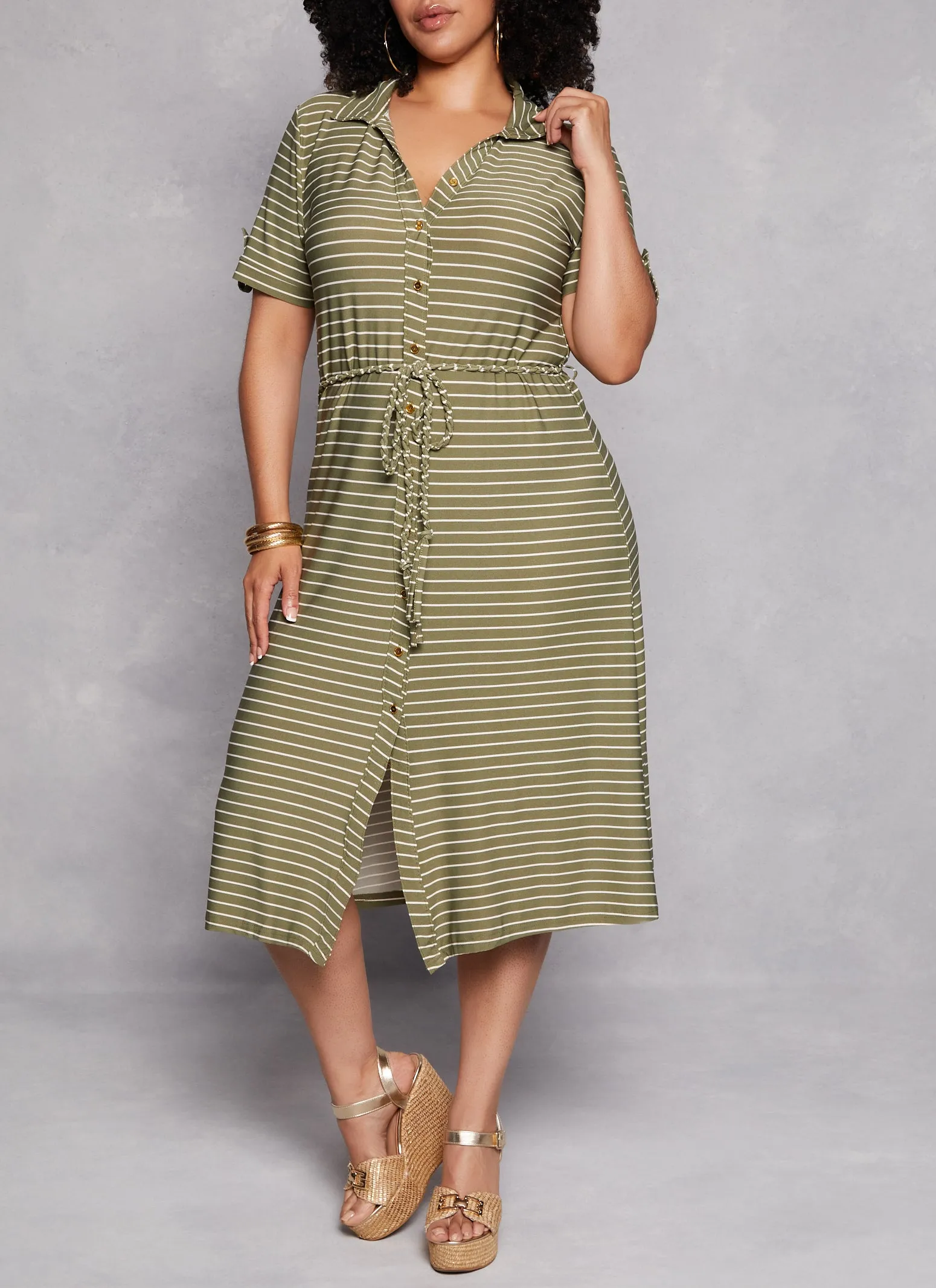 Plus Size Striped Tie Waist Belted Midi Shirt Dress sold by Rainbow product image thumbnail 2