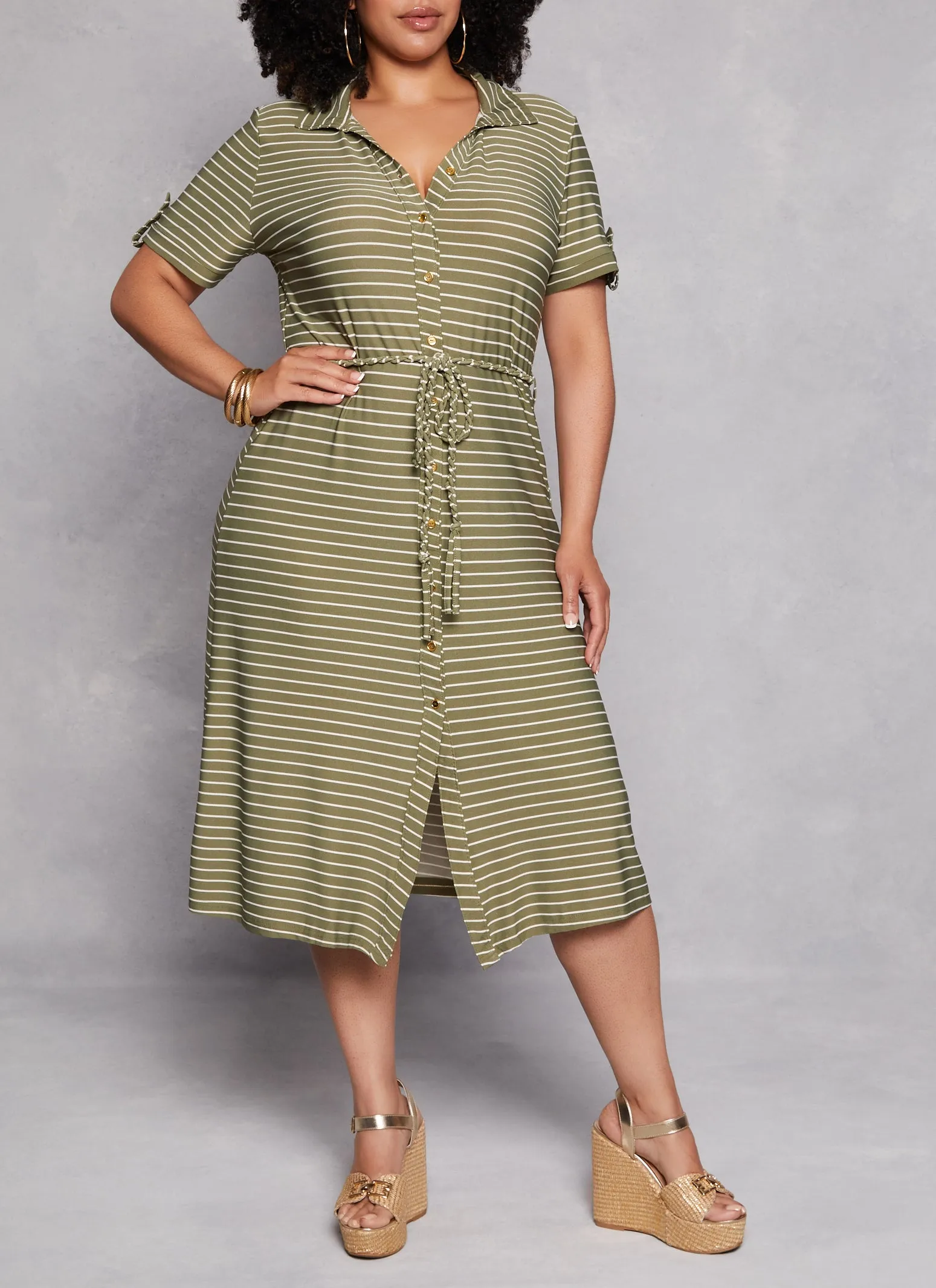 Plus Size Striped Tie Waist Belted Midi Shirt Dress sold by Rainbow