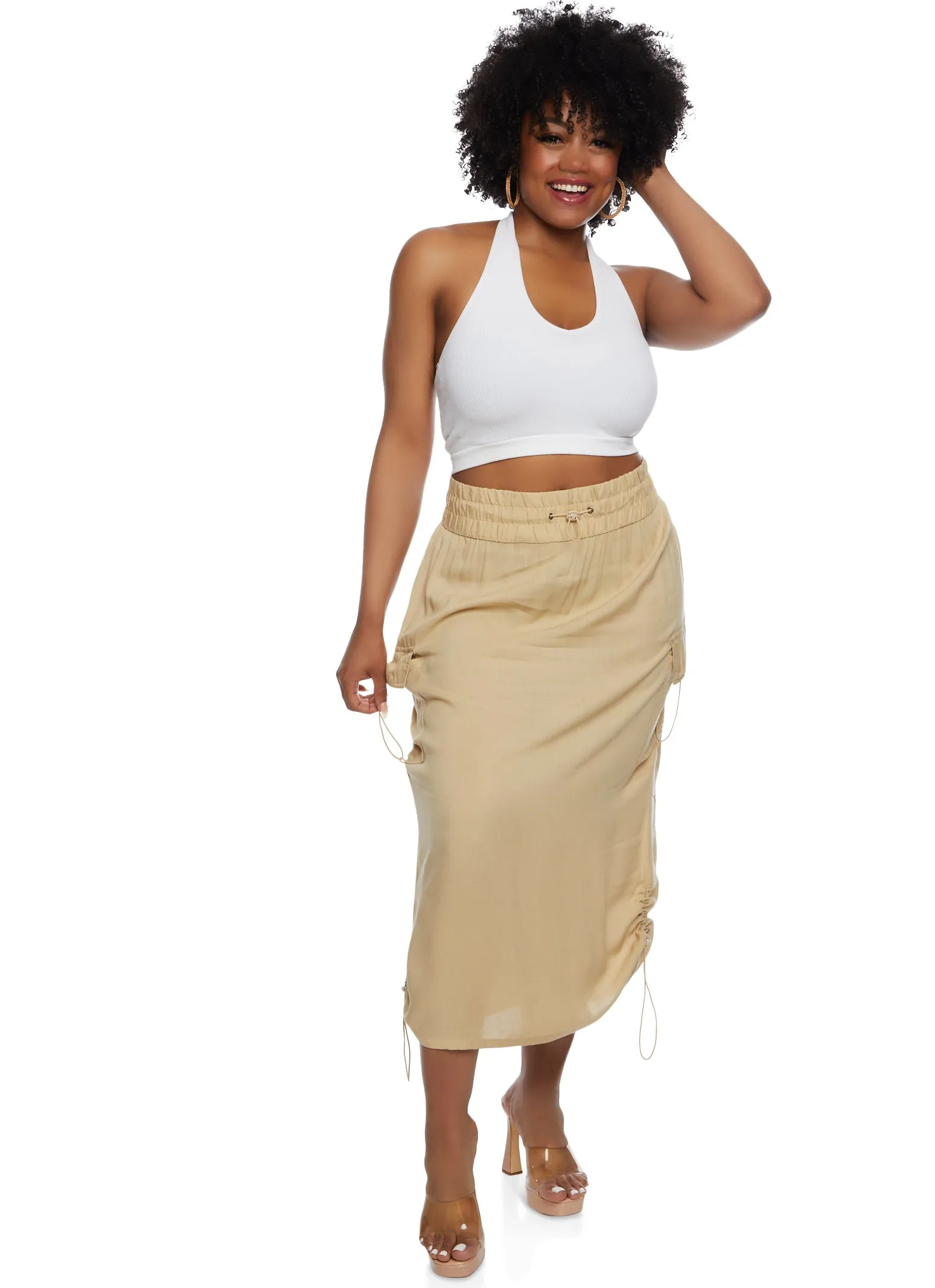 Plus Size Linen Toggle Drawstring Hem Cargo Skirt sold by Rainbow