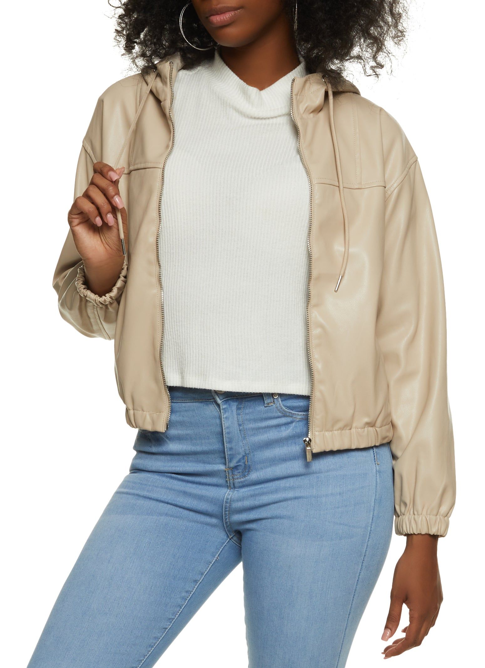 Faux Leather Zip Front Hooded Bomber Jacket sold by Rainbow