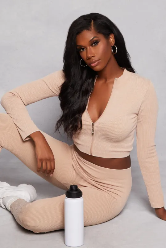 Ribbed Knit Mock Neck Zip Front Crop Top sold by Rainbow