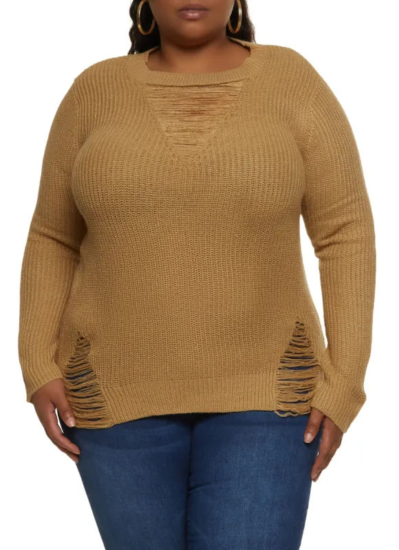 Plus Size Distressed Detail Pullover Sweater sold by Rainbow