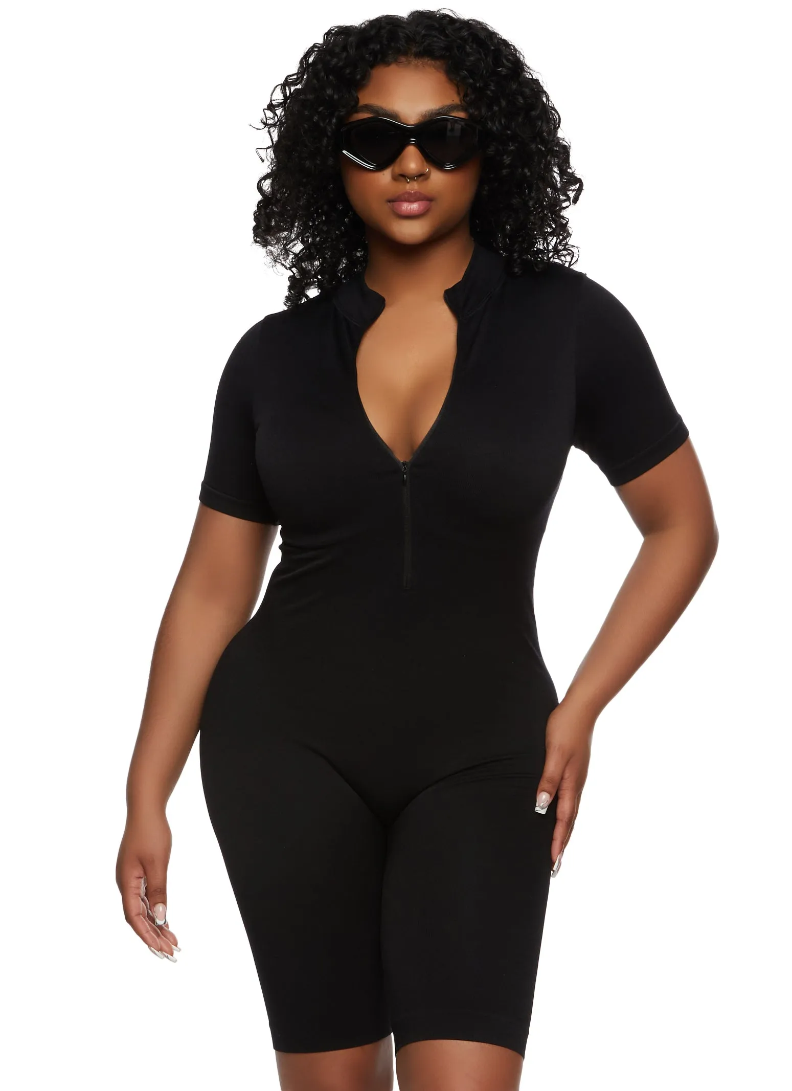 Seamless Ribbed Zip Front Romper sold by Rainbow