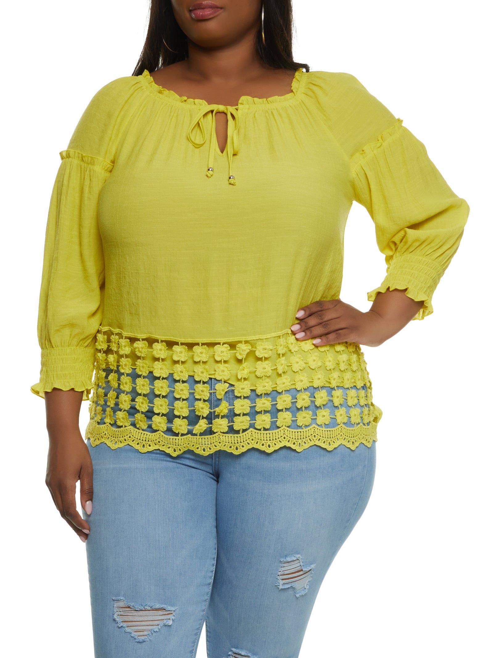 Plus Size Crochet Detail Tie Front Peasant Top sold by Rainbow