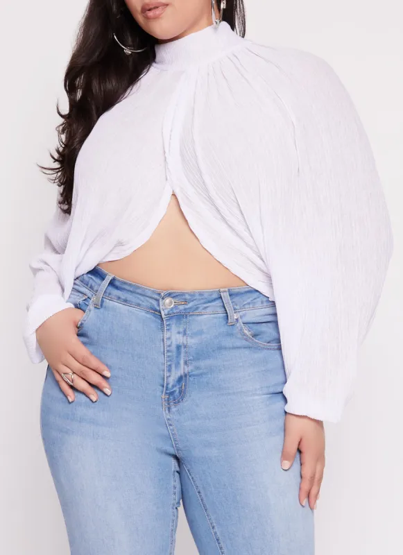 Plus Size Chiffon Mock Neck Long Sleeve Crop Top sold by Rainbow