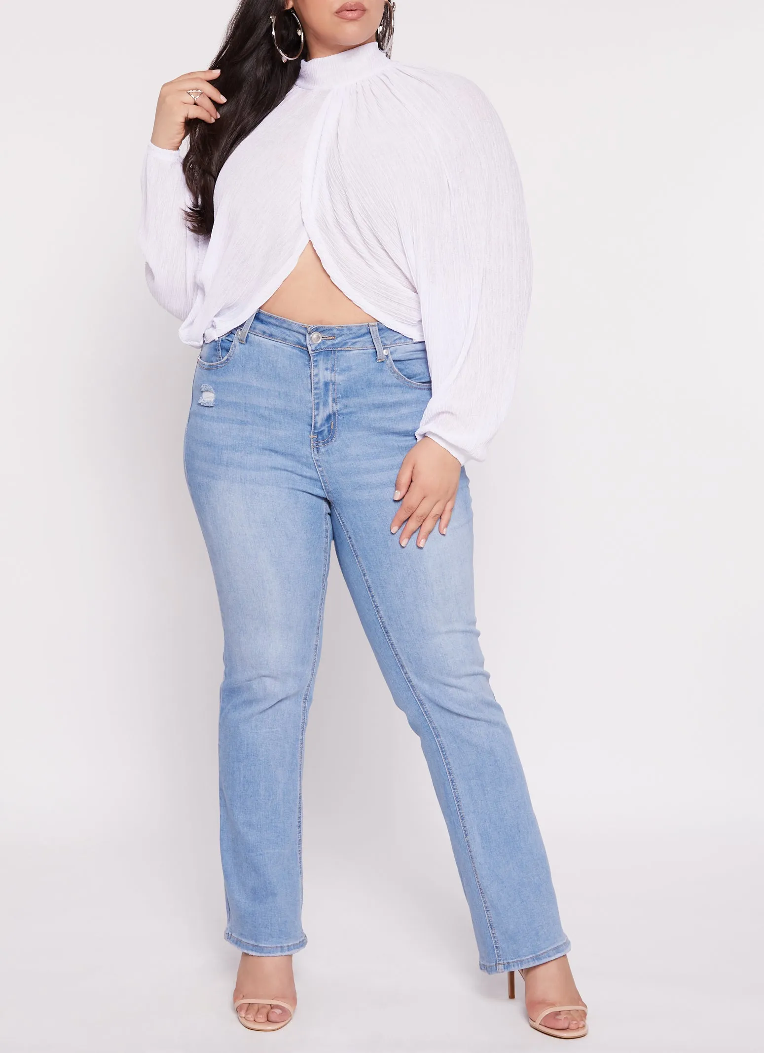 Plus Size Chiffon Mock Neck Long Sleeve Crop Top sold by Rainbow product image thumbnail 2