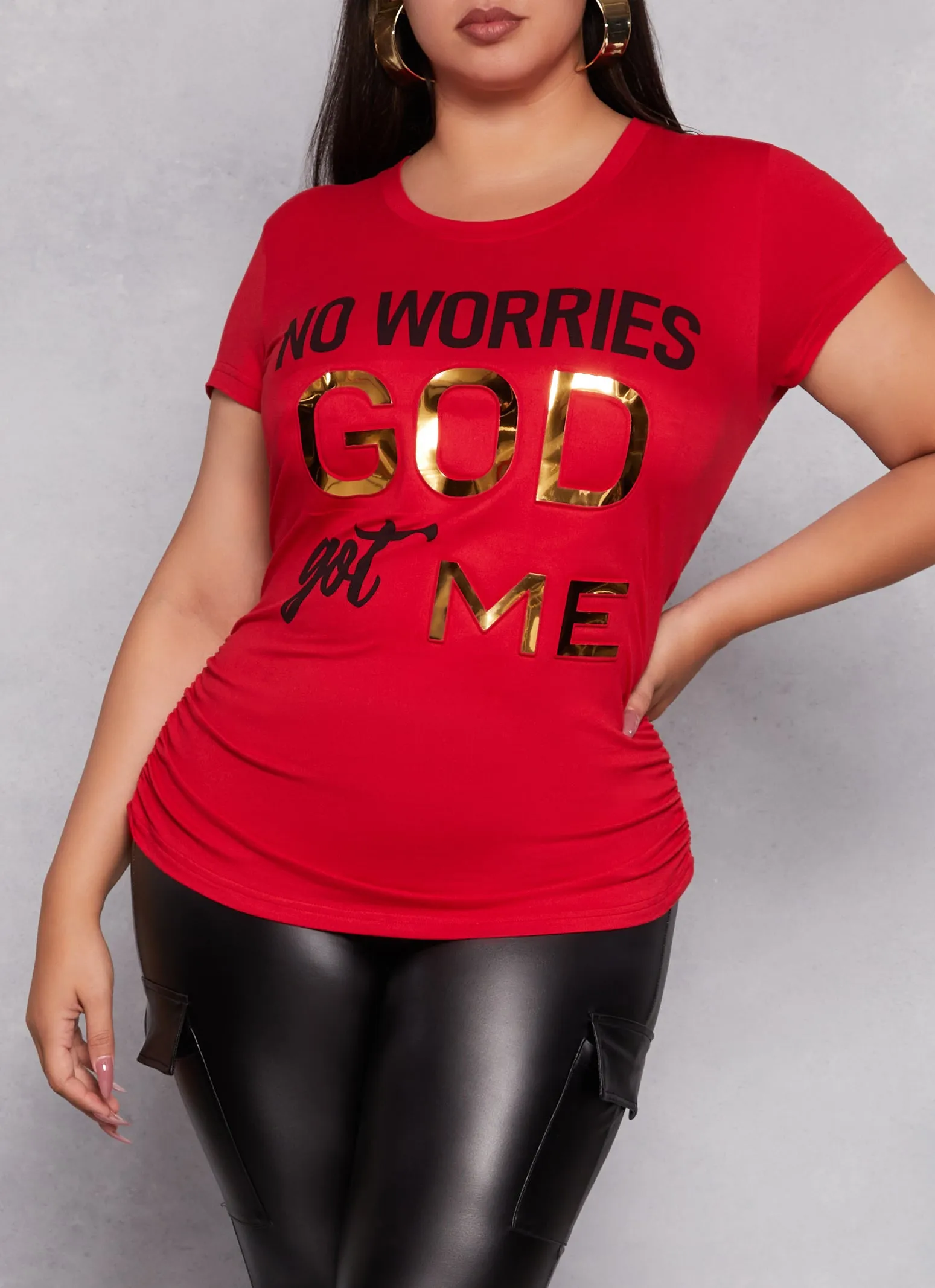 Plus Size No Worries Embossed Foil Graphic Tee sold by Rainbow