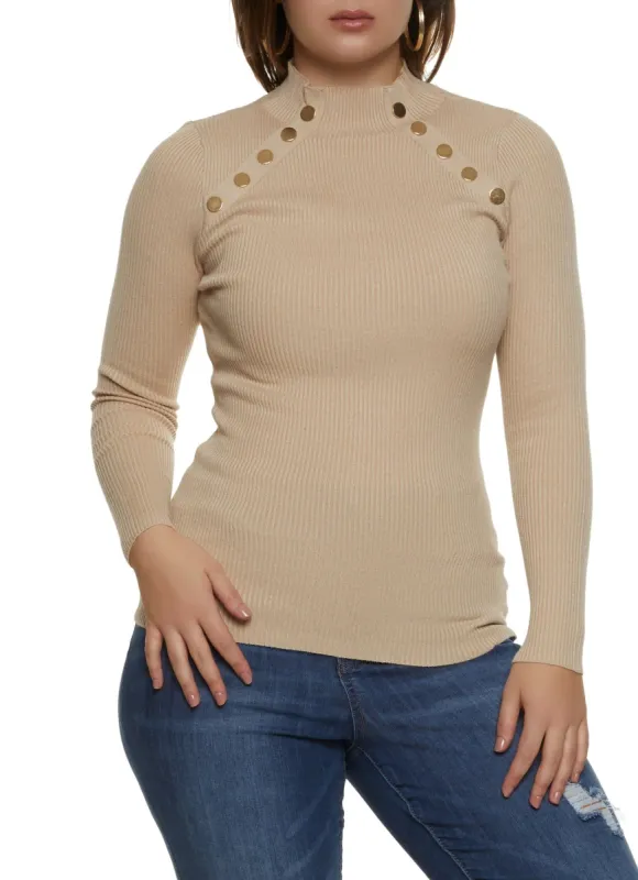 Plus Size Mock Neck Faux Button Sweater sold by Rainbow