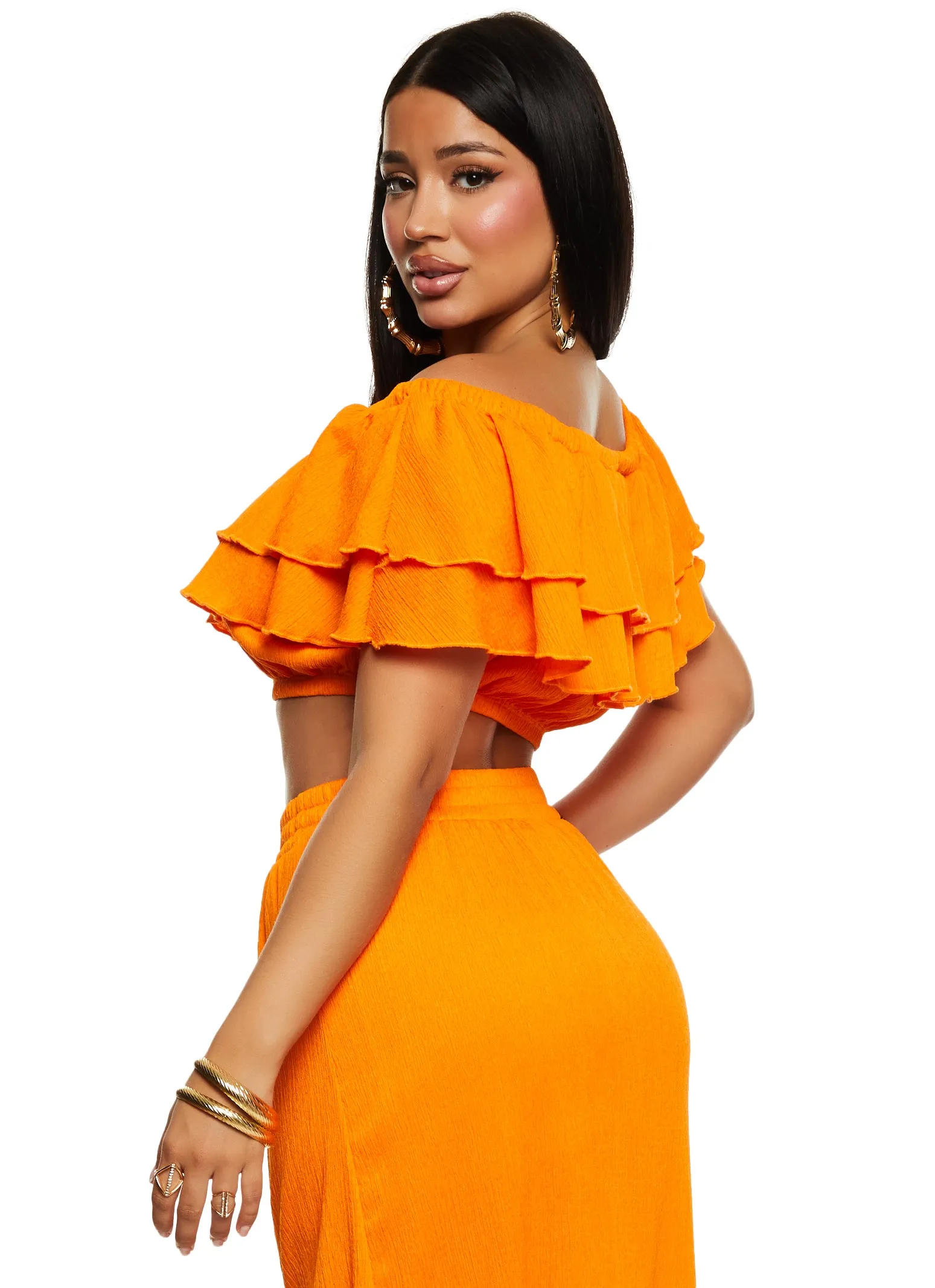 Tiered Ruffled Off the Shoulder Crop Top sold by Rainbow product image thumbnail 3