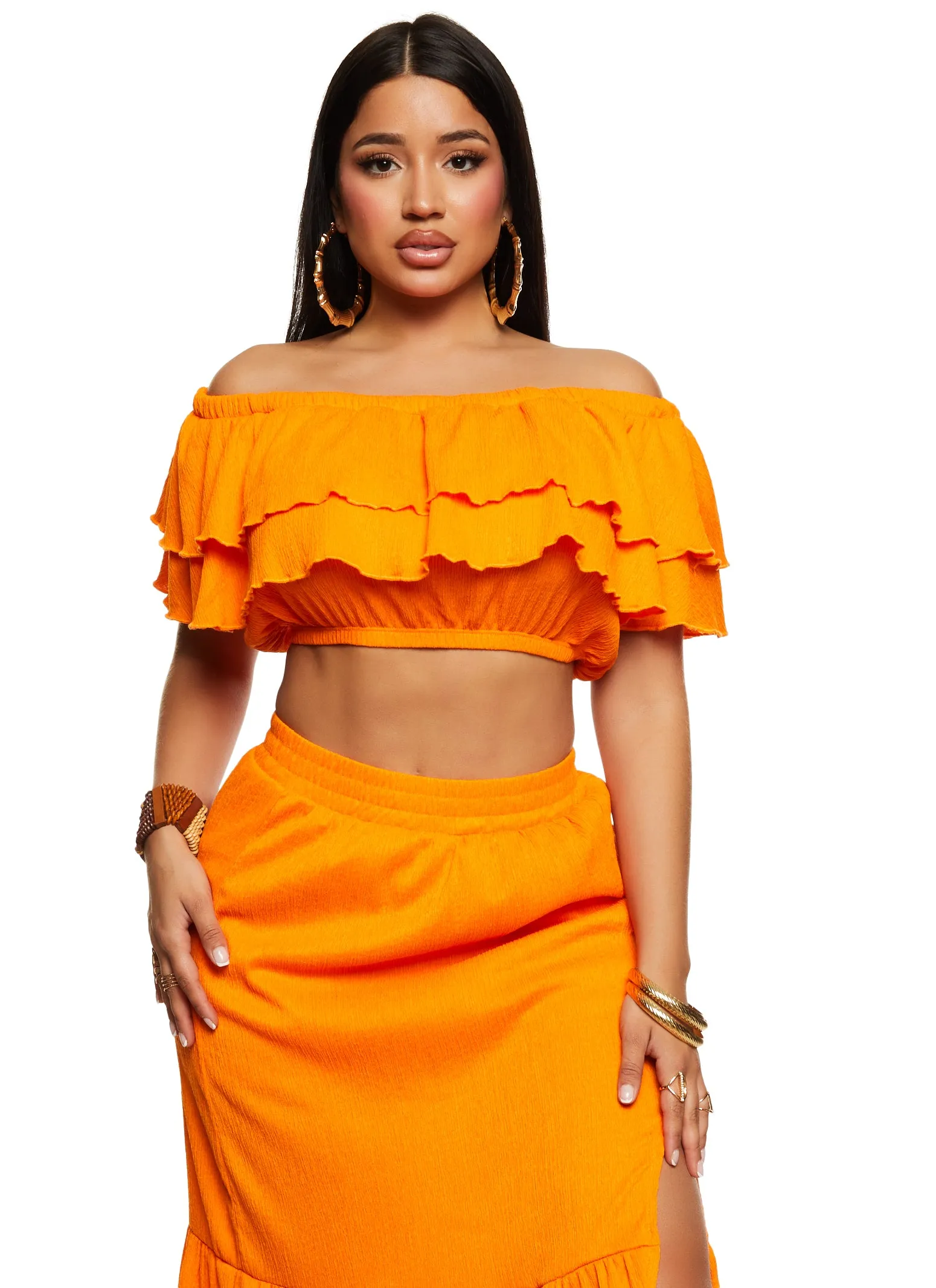 Tiered Ruffled Off the Shoulder Crop Top sold by Rainbow