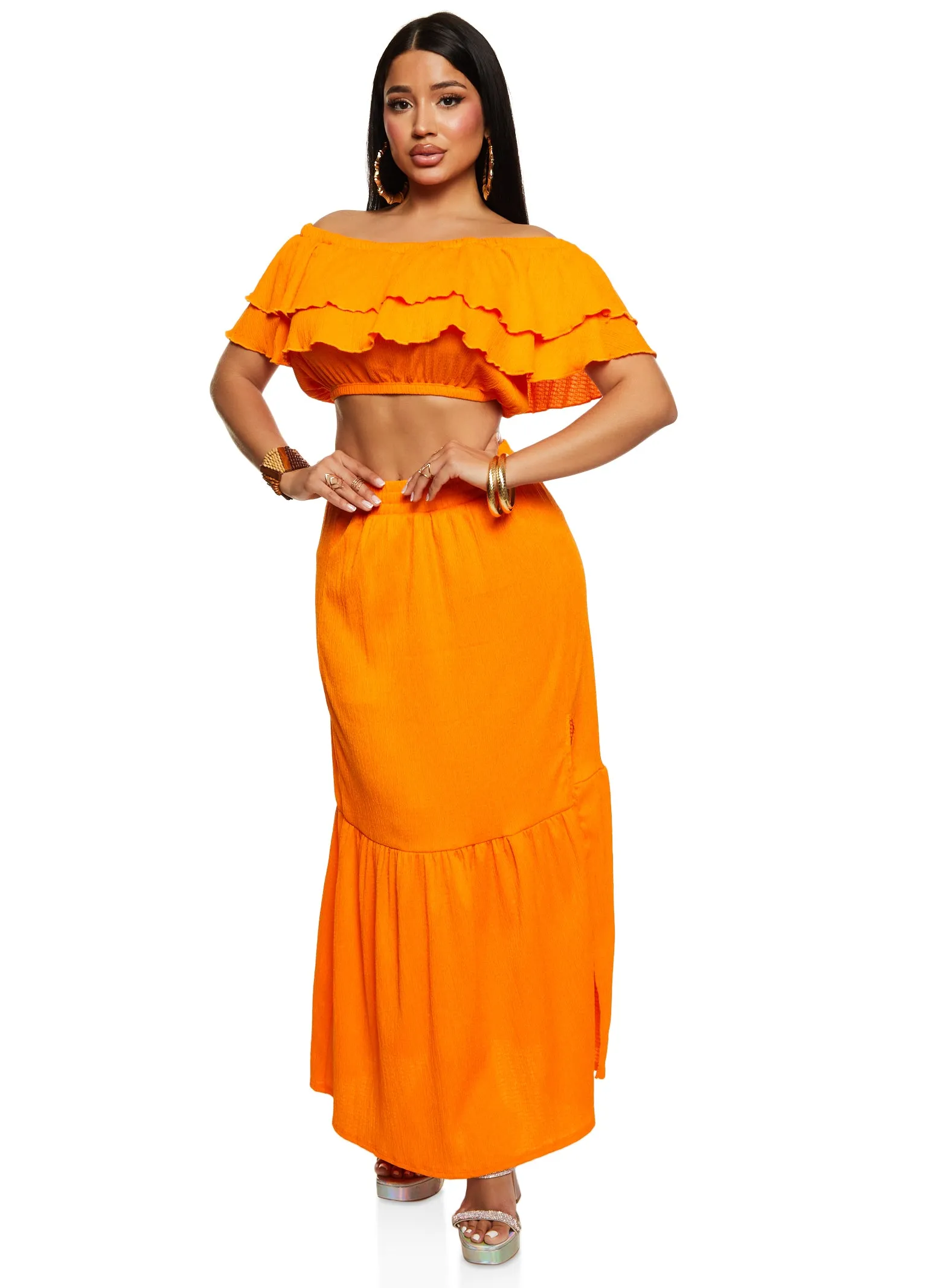 Tiered Ruffled Off the Shoulder Crop Top sold by Rainbow product image thumbnail 2