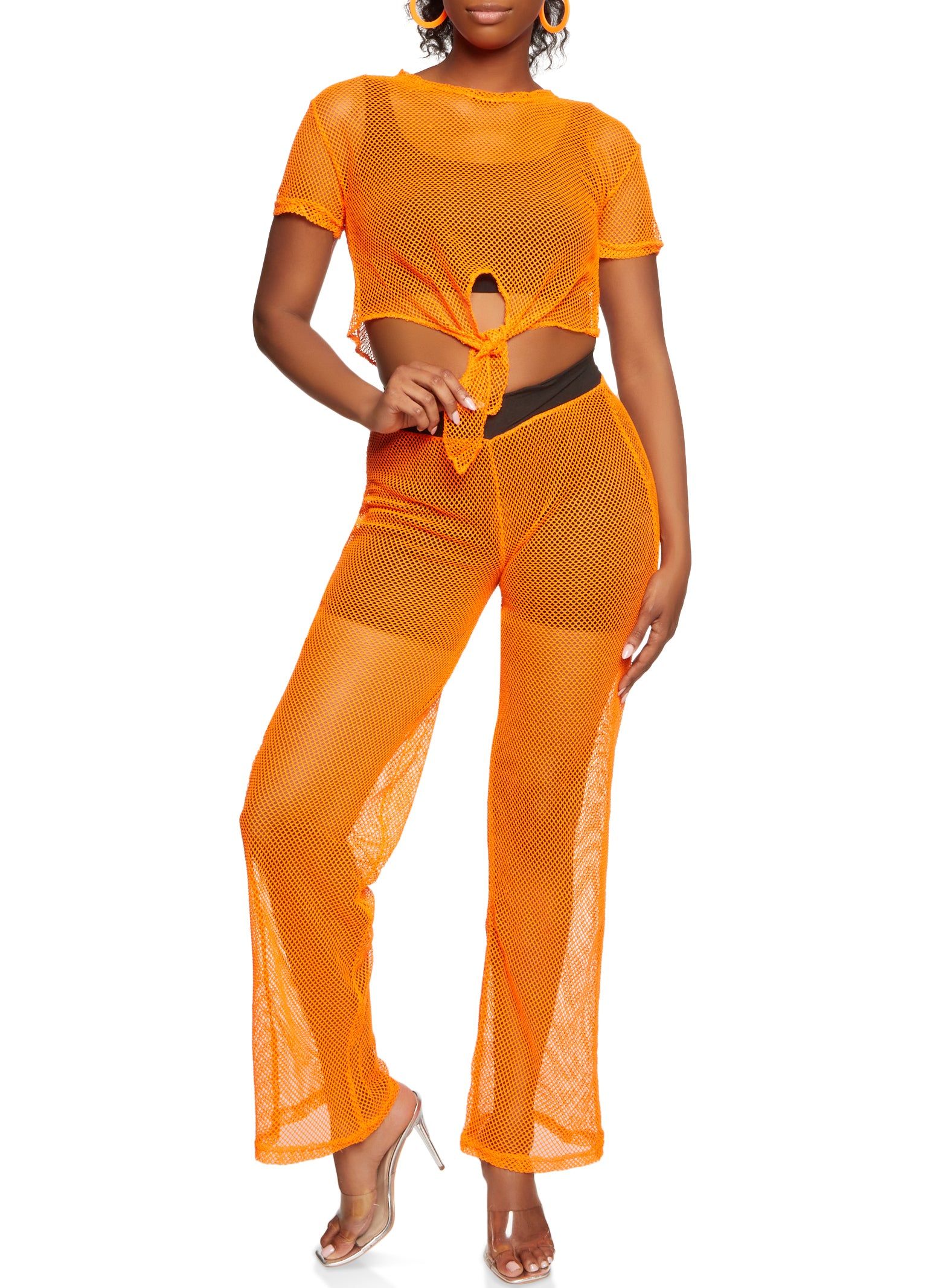 Fishnet Tie Front Crop Top and Pants Set sold by Rainbow