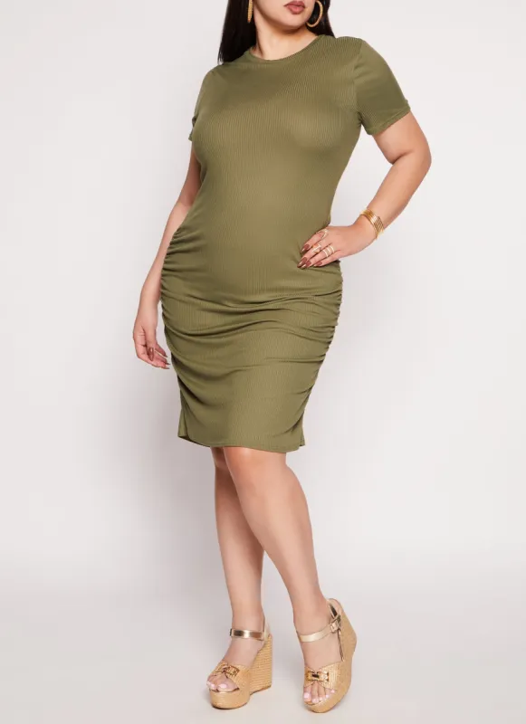 Plus Size Ribbed Knit Ruched T Shirt Dress sold by Rainbow