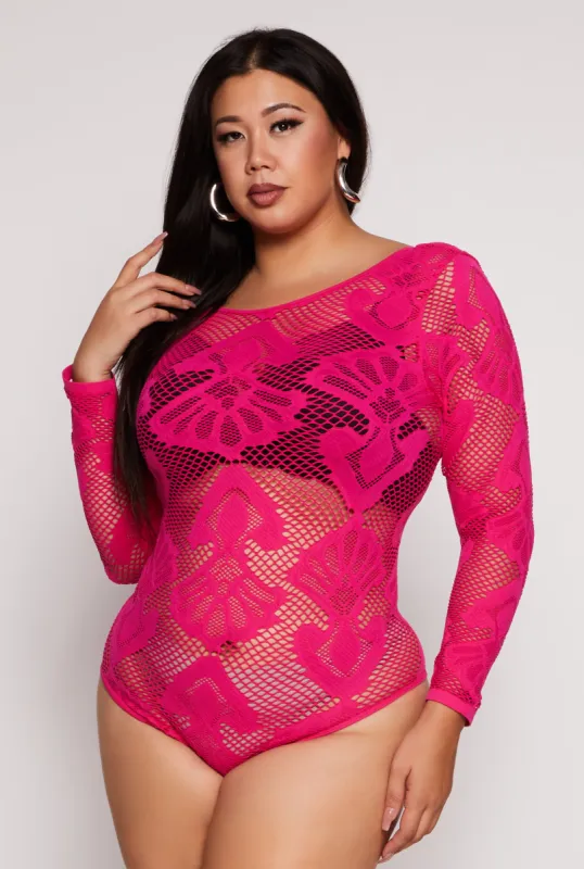Plus Size Seamless Lace Long Sleeve Bodysuit sold by Rainbow