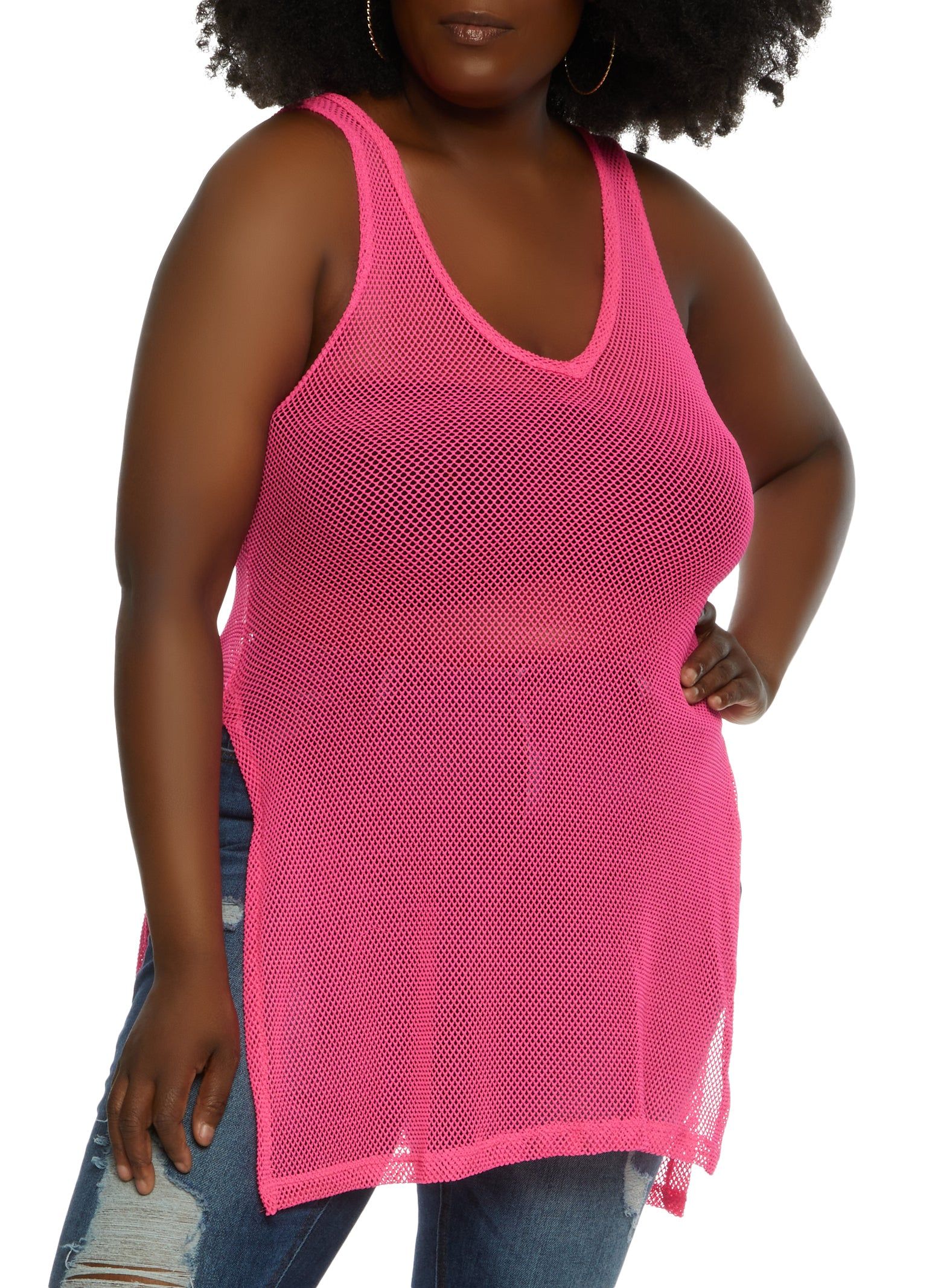 Plus Size Fishnet Side Slit Tank Top sold by Rainbow