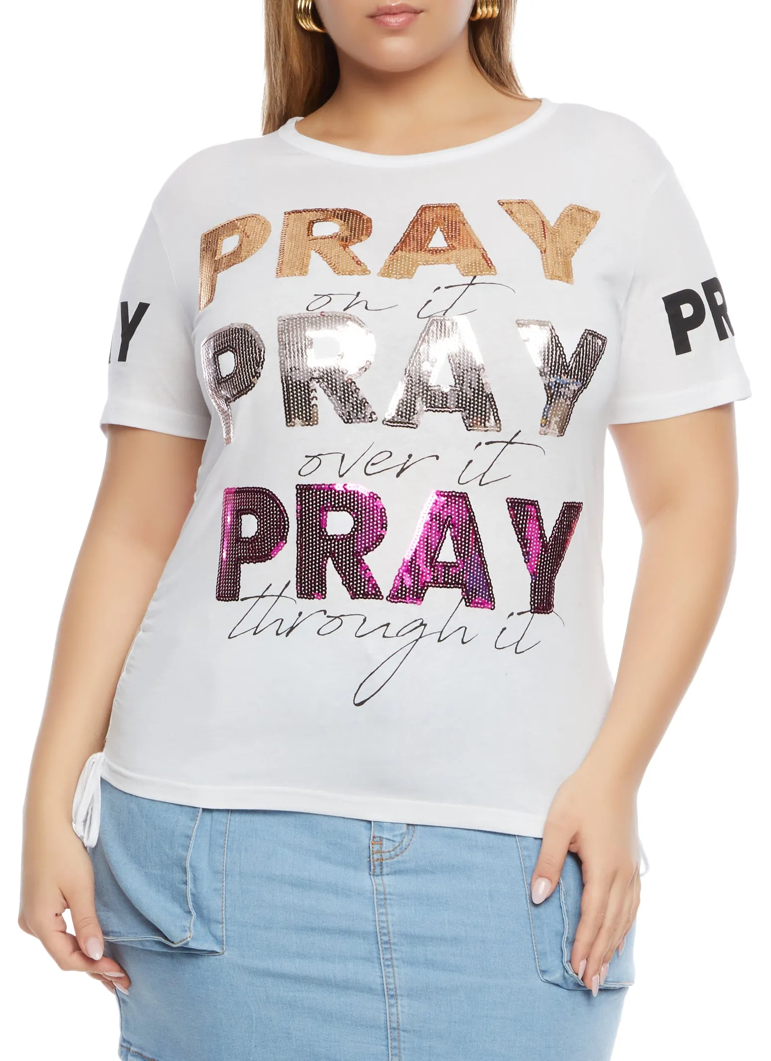 Plus Size Sequin Pray Graphic T Shirt sold by Rainbow