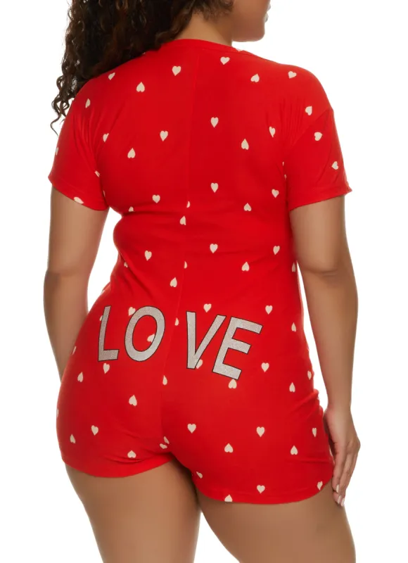 Plus Size Glitter Love Heart Print Pajama Romper sold by Rainbow