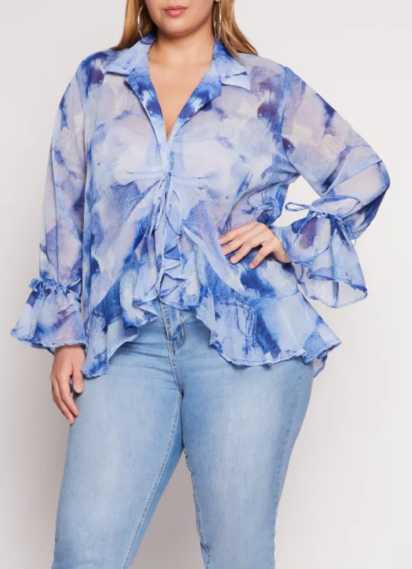 Plus Size Chiffon Patterned Tie Sleeve Tie Front Blouse sold by Rainbow