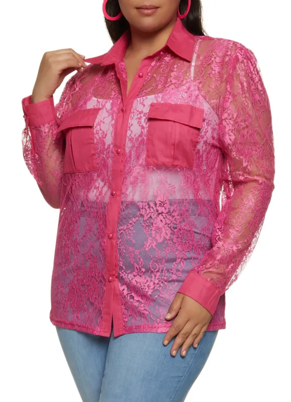 Plus Size Lace Button Down Shirt sold by Rainbow