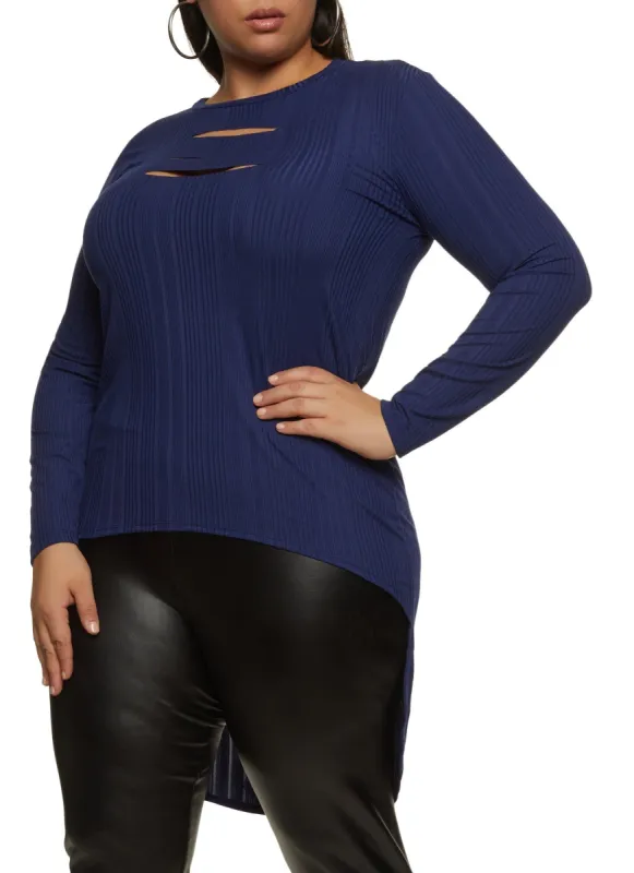 Plus Size Laser Cut Open Back High Low Top sold by Rainbow