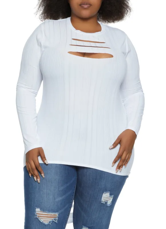 Plus Size Laser Cut Open Back High Low Top sold by Rainbow