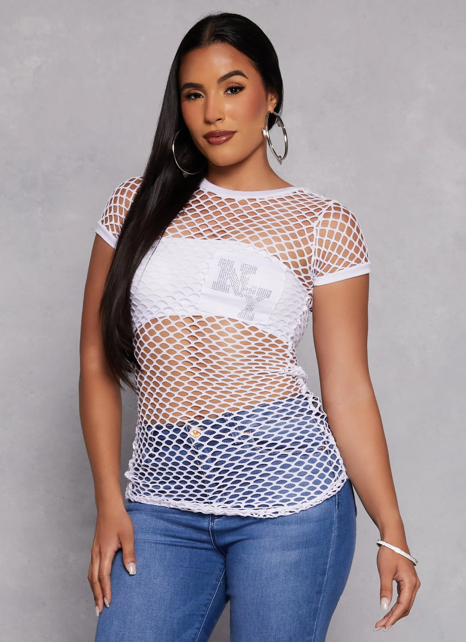 NY Rhinestone Pocket Fishnet Top sold by Rainbow