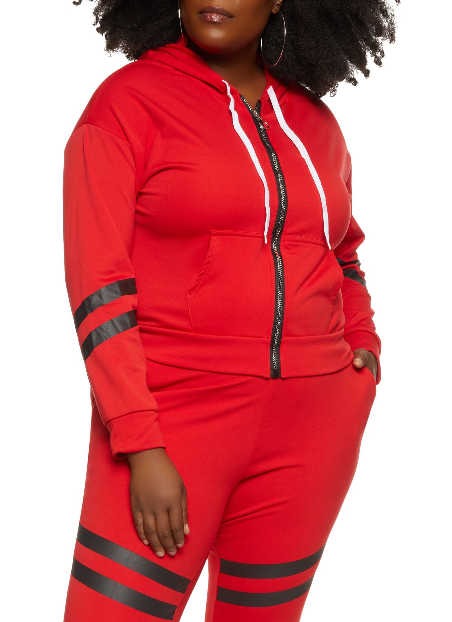 Plus Size Zip Front Varsity Stripe Detail Hoodie sold by Rainbow