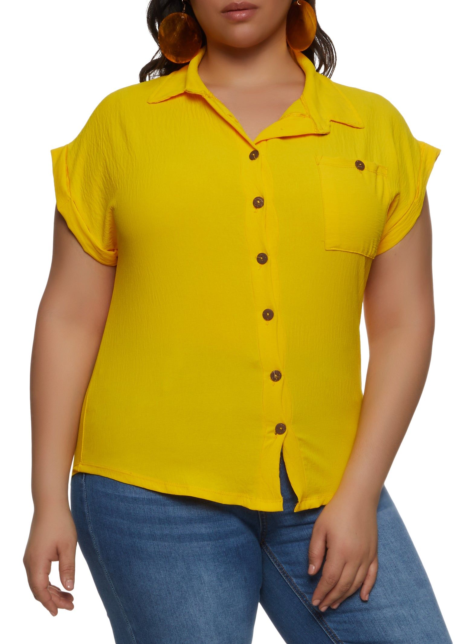 Plus Size Button Front Cap Sleeve Shirt sold by Rainbow