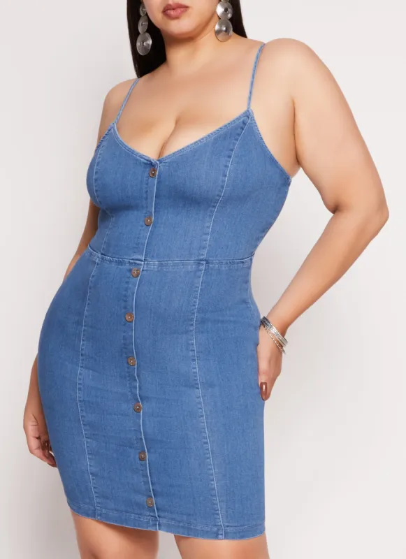 Plus Size Denim Faux Button Front Cami Dress sold by Rainbow