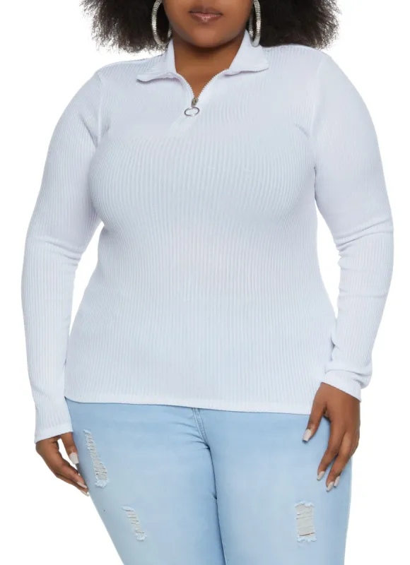 Plus Size Ribbed Knit Half Zip Top sold by Rainbow