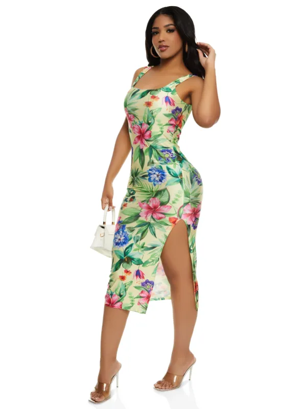 Haute Monde Tropical Printed Side Slit Midi Tank Dress sold by Rainbow