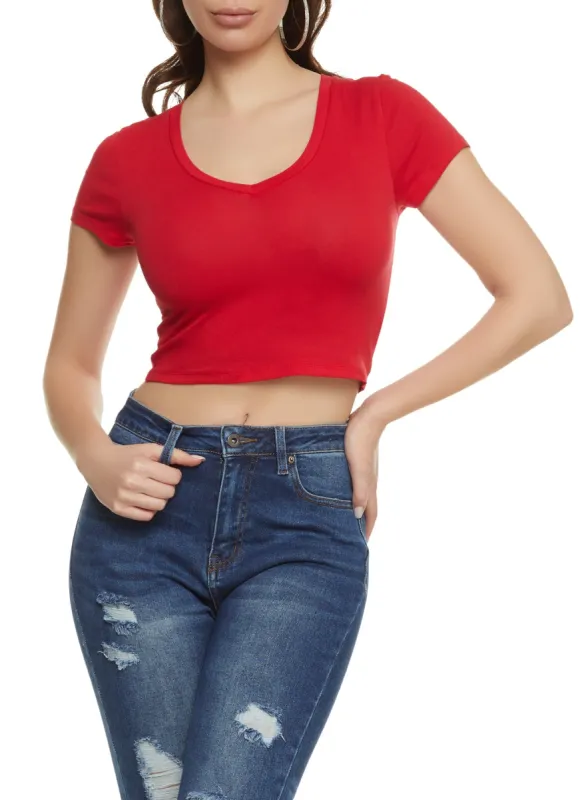 Solid Cropped V Neck Tee sold by Rainbow