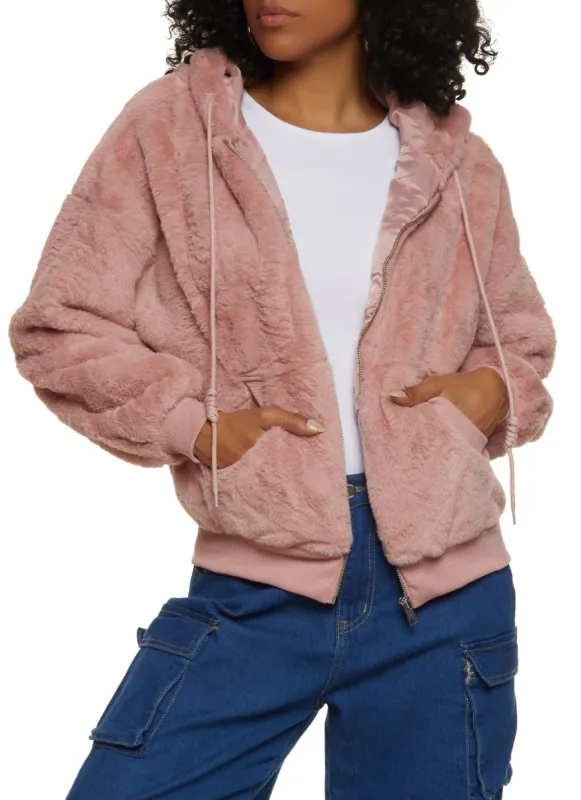Faux Fur Zip Front Hooded Jacket sold by Rainbow