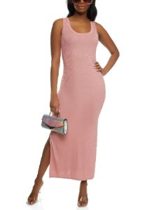 Ribbed Knit Side Slit Maxi Tank Dress sold by Rainbow