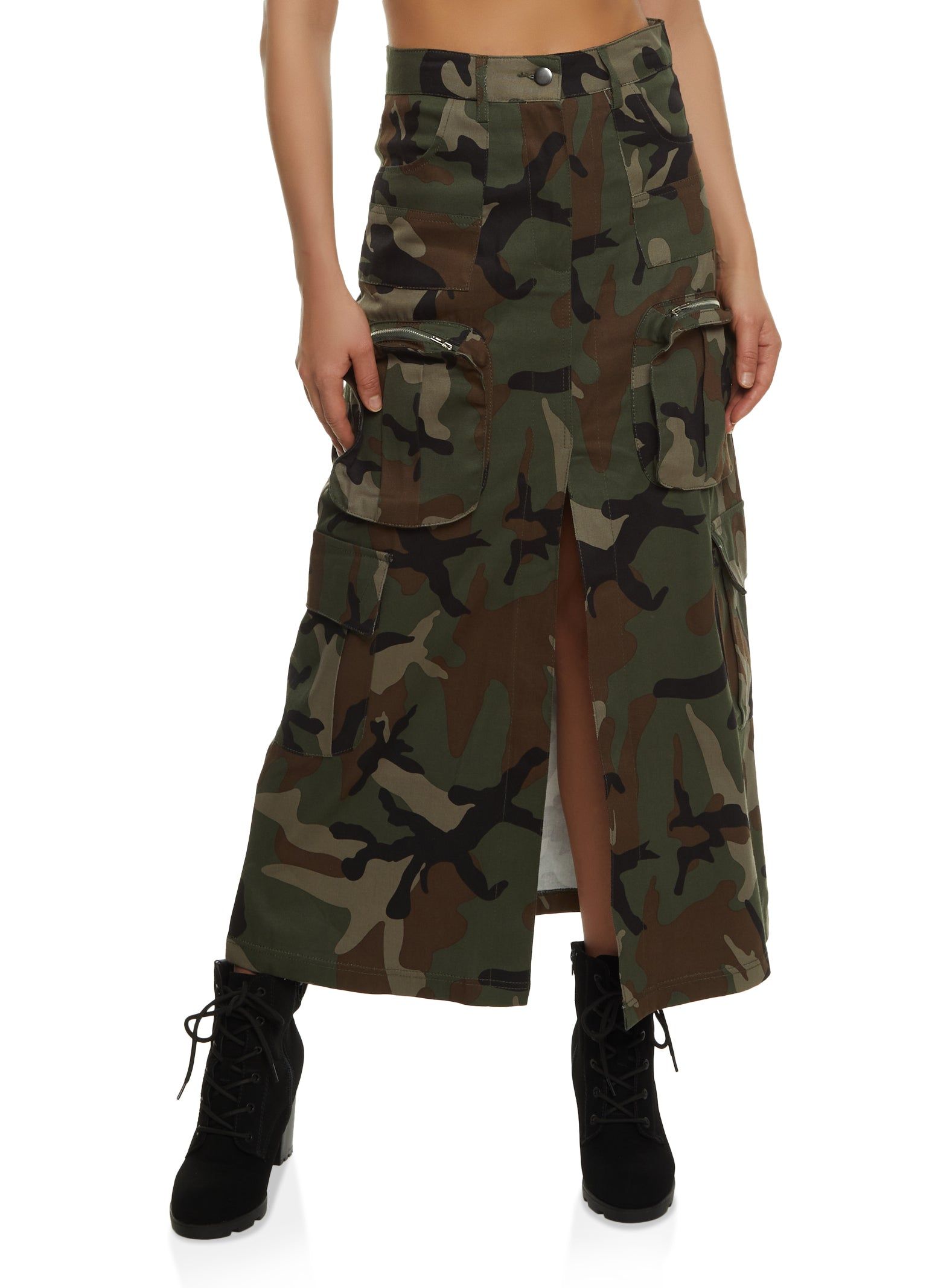 Split Hem Camo Cargo Maxi Skirt sold by Rainbow