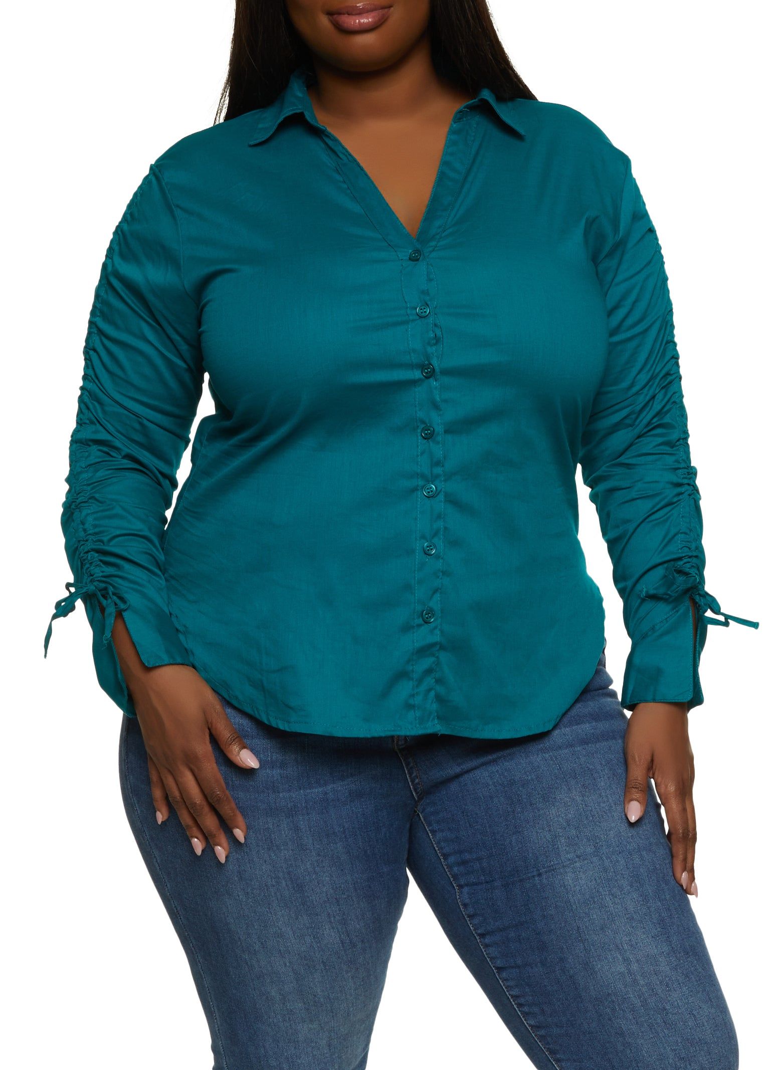 Plus Size Ruched Sleeve Button Front Shirt sold by Rainbow