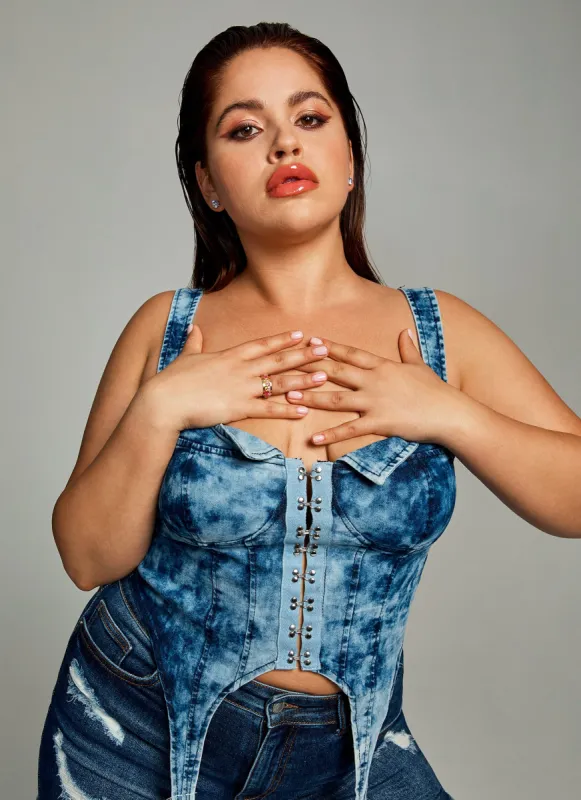 Plus Size Denim Hook and Eye Front Bustier Top sold by Rainbow